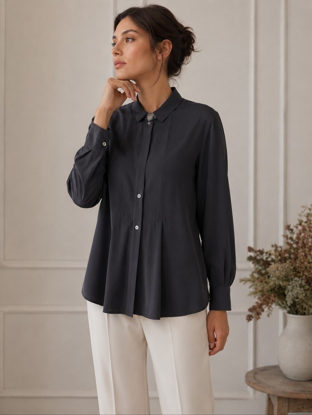 TONET Made in Italy Silk Blend Button-Up Blouse with Crystal Collar Detail
